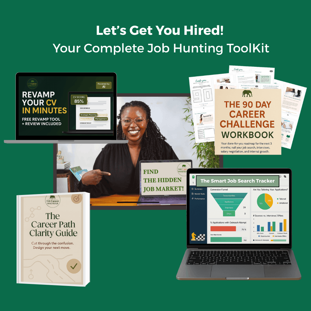 Let's Get You Hired complete job hunting toolkit including CV revamp tool, 90 day career challenge workbook, hidden job market masterclass, smart job search tracker and career clarity guide