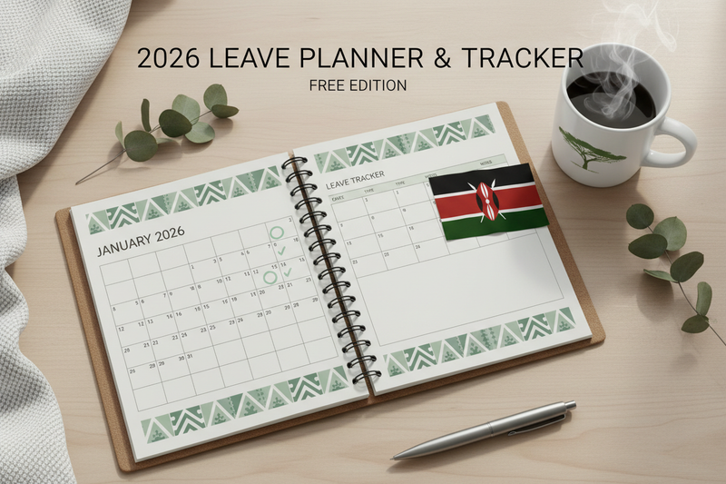 A clean, modern digital cover image for a free 2026 leave planner & tracker. Minimal, calm, and intentional design. Show a desk or flat lay with a simple planner or notebook open to a monthly layout, soft natural light. Include subtle visual cues of rest and planning such as a calendar grid, checkmarks, or gentle highlights on selected days. Include african cues and a kenyan flag. Neutral and soothing color palette with soft whites, warm beige, muted green, and light grey. Editorial, professional style 