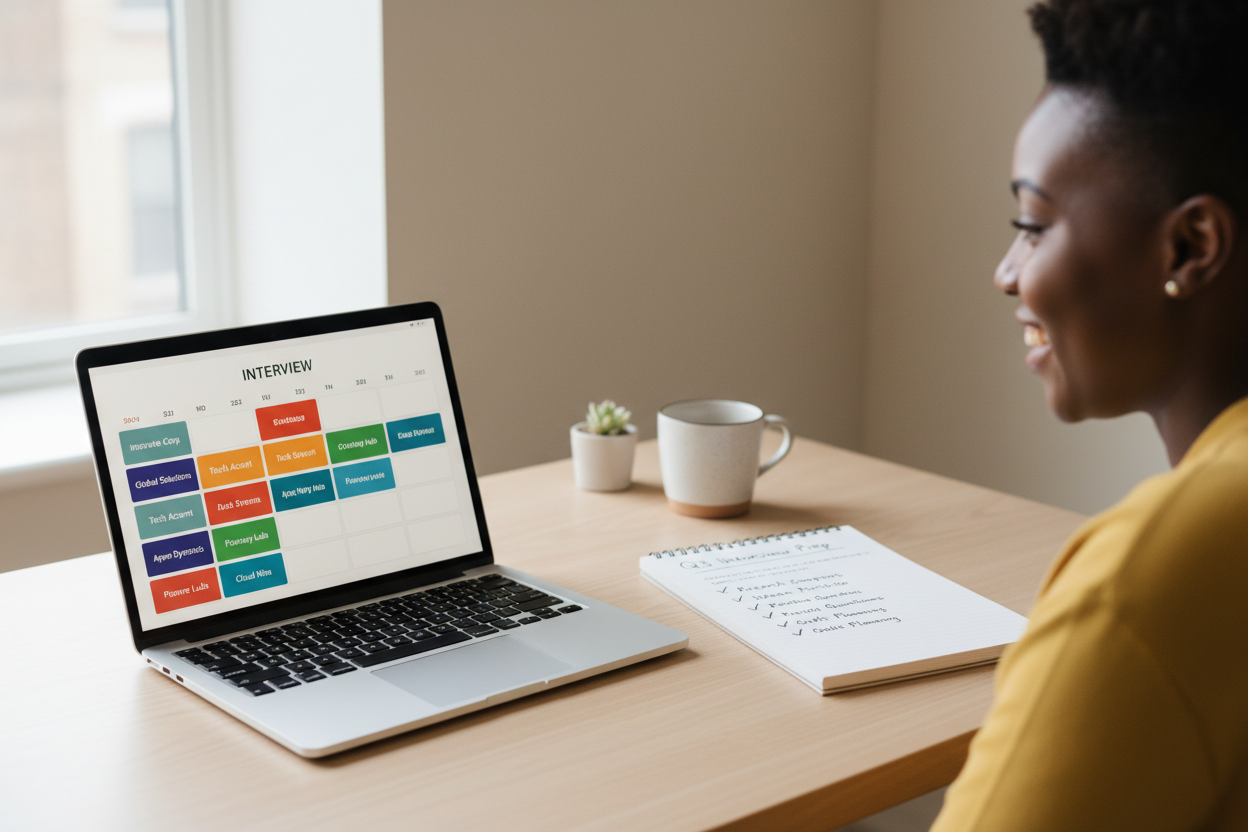 A minimalist workspace scene with a laptop open on a desk and notebook showing a neatly structured plan, checklist . The laptop screen shows a clean, modern calendar interface with 10 interview slots scheduled across different days, each labeled with different company names, readable. An African professional is partially visible from the side or back, such as a shoulder and profile, happily reviewing the screen. Natural daylight, neutral tones, uncluttered environment. Editorial, documentary style