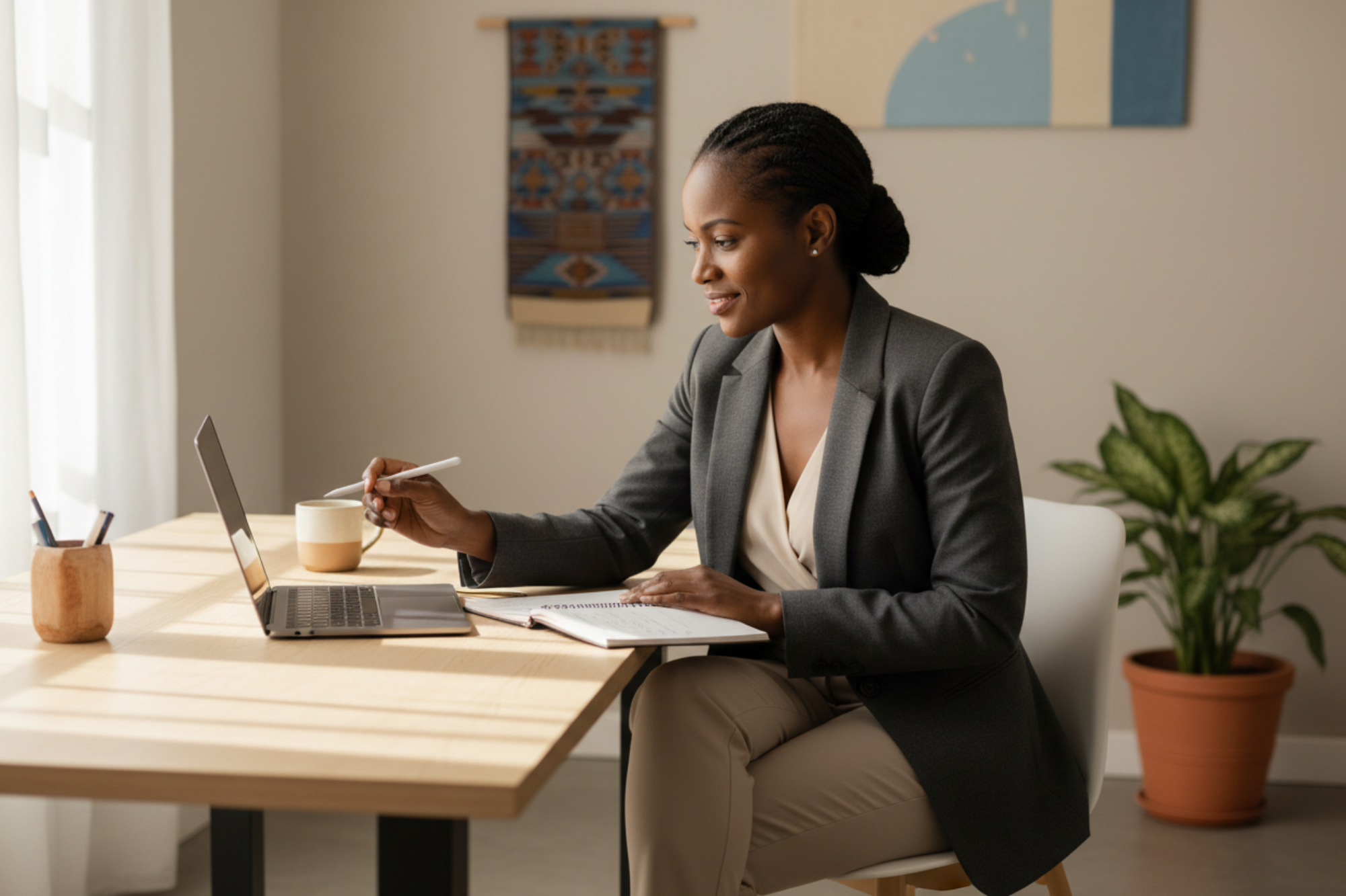 A modern, professional African job seeker in their late 20s to mid 30s sitting at a desk or workspace, calm and focused, reviewing notes or a laptop. The mood is thoughtful and determined, not stressed. Natural daylight, neutral background, minimal distractions. The person looks capable and reflective, as if they are figuring things out. Clean, editorial style photography. Authentic African setting, subtle and modern. No exaggerated emotions, no frustration, no despair. Confidence and clarity, not struggle.