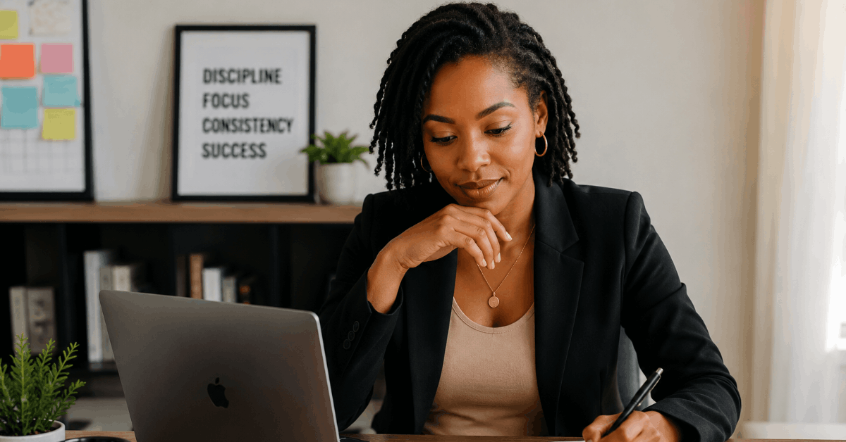A woman with black dreadlocks sits at a desk in a bright office, looking at a laptop and holding a pen. She is wearing a black blazer over a beige top.