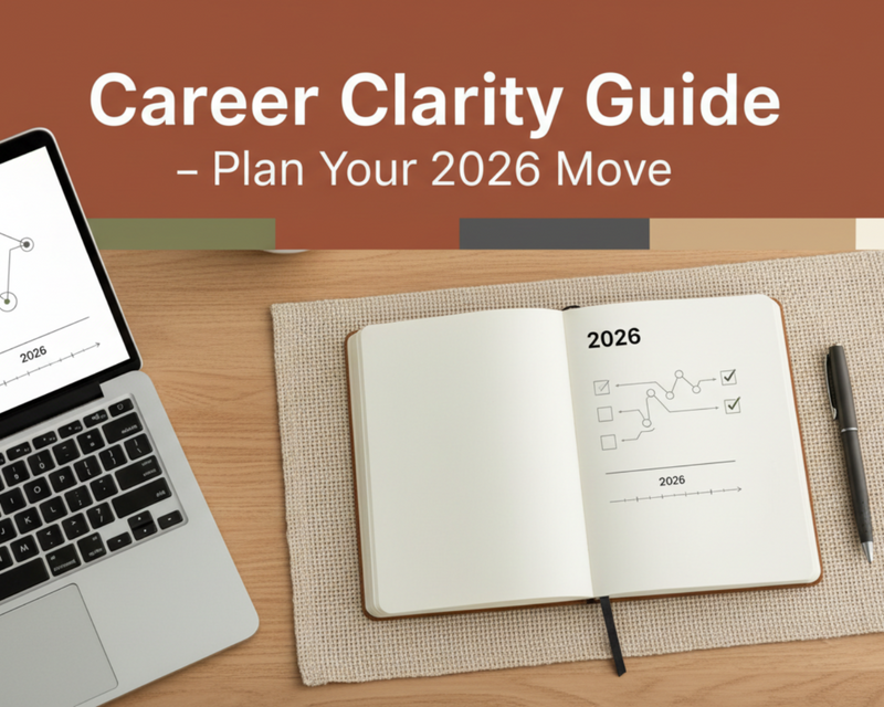 A modern, professional digital cover image for a career planning guide titled “Career Clarity Guide – Plan Your 2026 Move”. Show a minimal desk or workspace with a notebook, a pen, and a laptop partially visible. On the laptop or notebook, subtle visual cues of planning such as a clean roadmap, checkmarks, arrows, or a simple timeline labeled 2026. The design should be abstract and product focused rather than lifestyle heavy. Subtle African context through textures, materials, or environment,