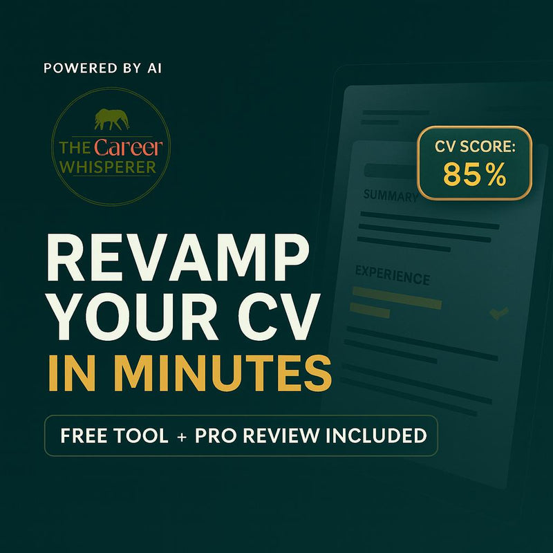The Career Whisperer AI powered CV revamp tool showing a CV score of 85% with free tool and pro review included