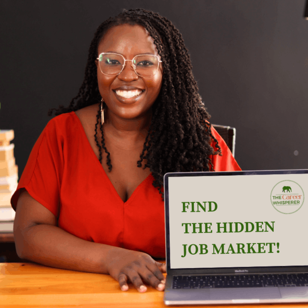 Ingashian from The Career Whisperer smiling behind a laptop showing Find the Hidden Job Market