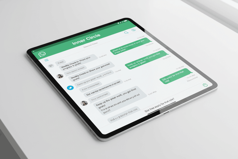Inner Circle WhatsApp accountability community shown on a tablet with member check-ins and support messages