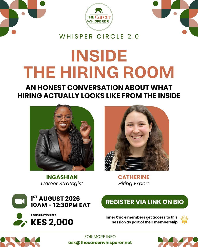 Promotional flyer for 'Inside the Hiring Room' by The Career Whisperer, featuring two portrait photos of career strategist Ingashian and hiring expert Catherine, with registration details and pricing.
